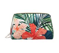 Vegetation Leaves with Hibiscus Flowers Leather Hand-Held Zipper Makeup Bag Storage Bag for Miscellaneous Items Pen Case