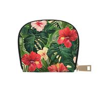 Vegetation Leaves with Hibiscus Flowers Print Coin Purse Wallet for Men&Women, Cute Leather Credit Card Holder Zipper Mini Pouch Change Purses, White, One Size, Coin Purse
