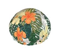 Vegetation Leaves With Hibiscus Flowers Print Lightweight And Elasticated Waterproof Shower Cap, Double Layer Waterproof Hair Cap