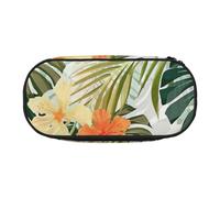 Vegetation Leaves with Hibiscus Flowers Print Stylish School Students Pencil Bag Reusable Pens Makeup Toiletry Case Easy Access
