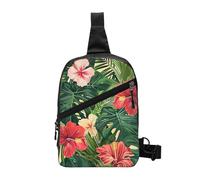 Vegetation Leaves with Hibiscus Flowers Printed Chest Bag Shoulder Sling Bag for Men Women, Foldable Outdoor Crossbody Chest Packs Sport Daypacks