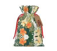 Vegetation Leaves With Hibiscus Flowers Printed Drawstring Gift Bags,Various Sizes, Bulk Plastic Packaging Bags