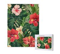 Vegetation Leaves with Hibiscus Flowers Printed Jigsaw Puzzle with Storage Box, Wooden Puzzle for Adults and Kids, 500 Pieces Family Fun Decorative Game, 38x52 CM