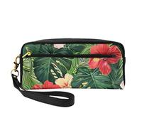 Vegetation Leaves with Hibiscus Flowers Printed Leather Makeup Bags with Wrist Strap Portable Travel Toiletry Bag Cosmetic Organizer Bag for Women