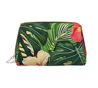 Vegetation Leaves with Hibiscus Flowers Printed Makeup Bag for Women Portable Leather Make up Bag Travel Zipper Cosmetic Bags Organizer