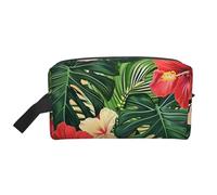 Vegetation Leaves with Hibiscus Flowers Printed Makeup Bag Travel Portable Cosmetic Bag Large Capacity Makeup Case Toiletry Handbag Organiser for Women