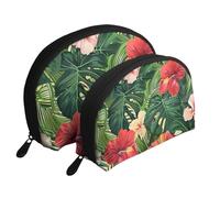 Vegetation Leaves with Hibiscus Flowers Printed Makeup Bags 2-Piece Portable Shell Travel Toiletry Bag Cosmetic Organizer Bag for Women