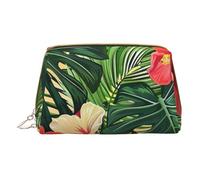 Vegetation Leaves with Hibiscus Flowers Printed Small Makeup Bag Portable Leather Make up Bag Travel Zipper Cosmetic Bags Organizer for Women