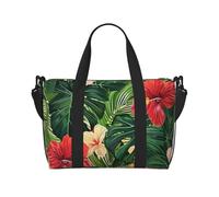 Vegetation Leaves with Hibiscus Flowers Printed Travel Bag Duffle Bag for Men Women, Large Water Resistant Gym Bag Weekend Holdall Bag with Shoulder Strap