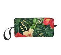 Vegetation Leaves with Hibiscus Flowers Printed Travel Makeup Bag Portable Cosmetic Bag Makeup Case Toiletry Handbag Organiser for Women