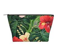 Vegetation Leaves with Hibiscus Flowers Printed Travel Makeup Bag Trapeze Cosmetic Bag Makeup Case Toiletry Bag Organiser for Women