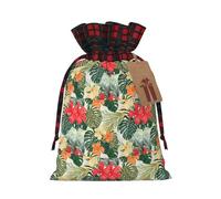 Vegetation Leaves With Hibiscus Flowers Printing Color Matching Plaid Drawstring Christmas Bag With Kraft Tag 4.7x6.9 In For Halloween