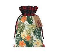 Vegetation Leaves With Hibiscus Flowers Printing Cute Color Matching Plaid Christmas Bag Drawstring Design For Christmas Party Gift Packaging