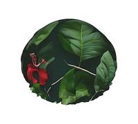 Vegetation Leaves With Hibiscus Flowers Reusable Shower Cap,Double Layer Water Shower Non Wetting Hair Cap,Large Size For All Hair Lengths
