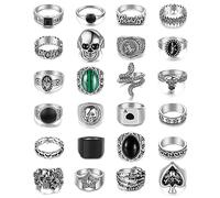 Vegolita 24PCS Punk Rings Set for Men Vintage Cool Gothic Rings Sliver Hippie Stacking Knuckle Ring Skull Snake Poker Rings Pack, Metal, No Gemstone