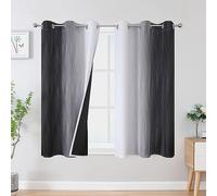 VEHEDE Black and Greyish White Ombre Blackout Short Curtains 45 Inch Drop, Wave Stripe Pattern Thermal Insulated Eyelet Curtains for Kitchen, Light Blocking Gradient Drapes, W42 x L45 Inch, 2 Panels