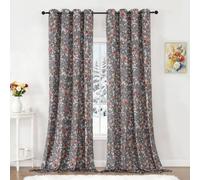 VEHEDE Luxury Grey Velvet Printed Curtains for Bedroom with Eyelet, Efficient Room Darkening Thermal Insulated Vintage Curtains & Drapes for Living Room, 2 Panels Boho Floral Decoration, 52Wx96L