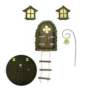 VEHICAR Enchanted Fairy Gnome Door & Windows Miniatures House, Glow in The Dark 4pcs Garden Courtyard Art Sculptures for Outdoor Tree Trunk Decor