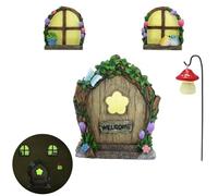VEHICAR Fairy Gnome Miniature House Door Window for Trees, 4-Piece Resin Fairy Statue Glow in The Dark Yard Art Garden Wall Decor