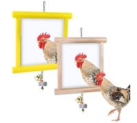 Vehomy 2 Pack Chicken Toys for Coop Large Double-Sided Chicken Mirror with Bell and Beak Grinding Stone 10.6" x 10" Wooden Pecking Toy for Hens, Ducks, Parrots, Relieves Boredom (Yellow & Natural)