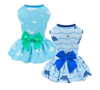 Vehomy 2-Pack Dog Summer Dress Breathable Puppy Cat Dresses with Bowknot Pet Summer Cool Outfits Skirts with Sea Fish Dolphin Patterns for Small Medium Dogs L