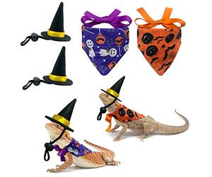 Vehomy 4Pcs Halloween Bearded Dragon Witch Costume Bearded Dragon Witch Hats Lizard Bandanas with Pumpkin Candy Pattern Lizard Wizard Hat Lizard Pumpkin Scarf Outfit for Hamster Leopard Gecko