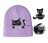 VEHYEGOI 1 Knitted Hat, 2 Cat Brooches, Cat Embroidered Beanie, Cute Cartoon Warm Hat, Fashionable Hat Purple