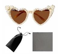 VEHYEGOI 1 Piece Pearl Letter Brown Heart-Shaped Sunglasses Set with Bag and Cloth for Women and Men (Special Occasions)