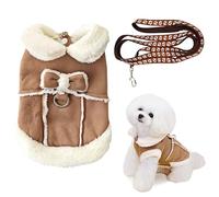 VEHYEGOI 1 Piece Pet Clothing Set, Cute Bow Khaki Coat & Leash, Small (32Cm Chest, 20Cm Back, 23Cm Neck), Suede Composite Fabric, Dog, Cold Weather Coat, Accessory