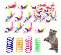 VEHYEGOI 30 Pieces Feather Mice, 4 Small Springs, Cat And Mouse Toy Bag, Interactive Cat Toy Mouse, Feathered Toy Mouse, Cat And Mouse Chase Toy
