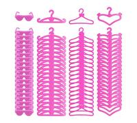 VEHYEGOI 60 Pcs Plastic Mini Clothes Hangers And 2 Pcs Mini Glasses, Doll House Accessories, Modern Style, Rose Red
