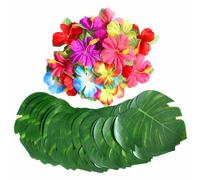 VEHYEGOI 60 Pieces Tropical Party Decoration Supplies, Hawaiian Party Decorations, Palm Tree Decorations, Table Decorations, Artificial Tropical Palm Leaves, Hibiscus Flower Decorations