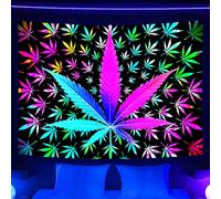VEIGIKE Cool Trippy Weed Blacklight Tapestry UV Reactive, Neon Tie Dye Marijuana Leaf Cannabis Black Light Art Poster for Men Room Bedroom, Psychedelic Glow in The Dark Blanket Party Decor (80X60)