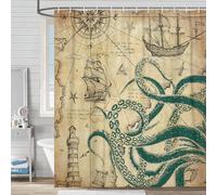 VEIGIKE Funny Nautical Octopus Shower Curtain, Cool Coastal Ocean Beach Fabric Shower Curtains Set for Mens Boys Kids Bathroom Decorative, Fun Green Vintage Restroom Decor Accessories 72X 72 Inch