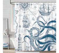 VEIGIKE Funny Nautical Octopus Shower Curtain, Cool Coastal Ocean Beach Fabric Shower Curtains Set for Mens Boys Kids Bathroom Decorative, Fun Navy Blue White Restroom Decor Accessories 72X75 Inch