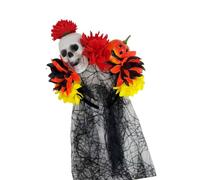 Veil Halloween Headpiece, Skull Pumpkin Flower Accent Hair Accessory for Costume Parties Themed Photography Use Floral Halloween Headpiece Black Mesh Veil Skull Pumpkin Costume Accessory Slip on Photo
