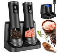 Veiliss 2pcs Electric Salt and Pepper Grinder Set with Battery Display Rechargeable Base, External Adjustable Coarseness, Automatic Ceramic Salt & Pepper Shakers Mills (Black Pro)