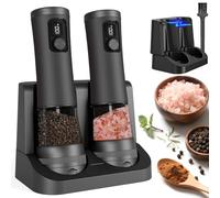 Veiliss 2pcs Electric Salt and Pepper Grinder Set with Battery Display Rechargeable Base, External Adjustable Coarseness, Automatic Ceramic Salt & Pepper Shakers Mills (Black Pro)