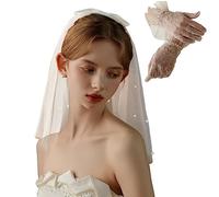 Veils and Gloves for Bride with Short Lace Gloves Bachelorette Party 1 Tier Tulle Beaded Veil Short Ivory Wedding Veil (A10)