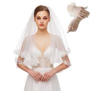 Veils for Bride with Short Lace Gloves 2 Layered Tulle Veil Ivory Lace Edge Wedding Veil (A47)