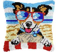 veirousa Beach Dog Latch Hook Kits for Adults Kids, Beginners DIY Throw Pillow Kit Pre-Printed Pillowcase Hook and Latch Rug Kits Needlework Cushion Cover for Home Sofa Decoration 17x17 inch