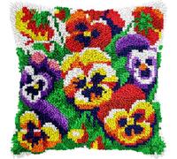 veirousa Blooming Pansies Flowers Latch Hook Kits for Adults Kids Beginners Latch Hook Pillow Kit Pre-Printed Latch Hook Rug Kits Cross-Stitch Embroidery Cushion for Home Sofa Decoration 17x17 in.
