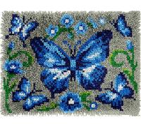 veirousa Blue Butterfly Latch Hook Kits for Adults, Beginners Insect Latch Hook Rug Starter Kit Pre-Printed Carpet Making Set DIY Handmade Wall Hanging Craft for Home Decoration 20x15 inch