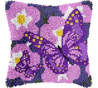 veirousa Butterfly Floral Latch Hook Kits for Adults Beginners DIY Crochet Pillow Kit Pre-Printed Pillowcase Hook and Latch Rug Kits Needlework Cushion Cover for Home Sofa Decoration 17x17 in.