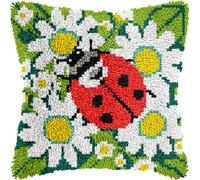 veirousa Ladybug Flowers Latch Hook Kits for Adults Kids Beginners Insects Latch Hook Pillow Kit Animals Pre-Printed Latch Hook Rug Kits Cross-Stitch Cushion for Home Sofa Decoration 17x17 in.