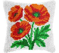 veirousa Poppy Flower Latch Hook Kits for Adults Beginners - Latch Hook Pillow Kit Pre-Printed Mesh Latch Hook Rug Kits Craft Cushion Set for Home Sofa Decoration 17x17 in. DIY Gift for Mom