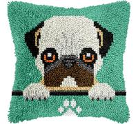 veirousa Pug Puppy Latch Hook Kits for Adults Kids, Beginners DIY Throw Pillow Kit Pre-Printed Pillowcase Hook and Latch Rug Kits Cross-Stitch Cushion Cover for Home Sofa Decor Gift Idea 17x17 inch