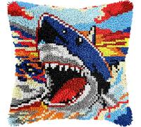 veirousa Shark Latch Hook Kits for Adults, Beginners DIY Hooked Throw Pillow Kit Pre-Printed Pillowcase Hook and Latch Rug Kits Cross-Stitch Cushion Cover for Home Sofa Decoration 17x17 inch