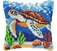 veirousa Traveling Sea Turtle Latch Hook Kits for Adults Kids, Beginners Ocean Latch Hook Pillow Kit Pre-Printed Latch Hook Rug Kits Cross-Stitch Embroidery Cushion for Home Sofa Decoration 17x17 in.