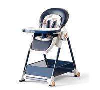 Veitoalioy PU Leather High Chair, with 6 Adjustable Heights and 3 Reclining Positions, Foldable High Chair Comes with a Large Basket, Detachable Dining Plate with Wheels (808 Blue)